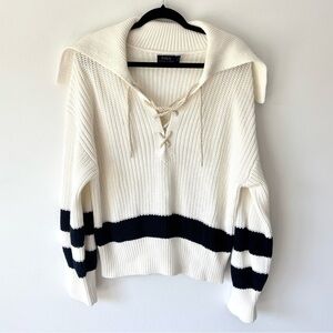Polo Ralph Lauren O Lace Striped Sweater Nautical White Navy Blue Chunky Knit